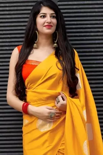 Yellow red silk blend banarasi saree with unstitched blouse piece