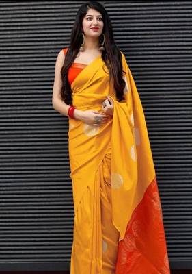 Yellow red silk blend banarasi saree with unstitched blouse piece 3