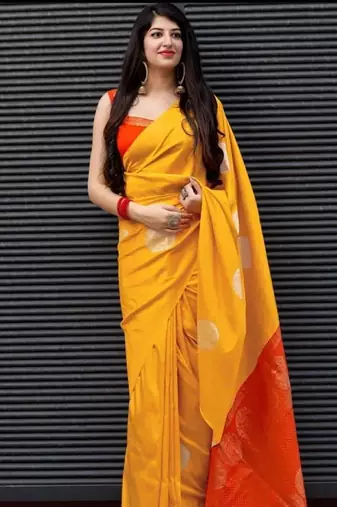 Yellow red silk blend banarasi saree with unstitched blouse piece