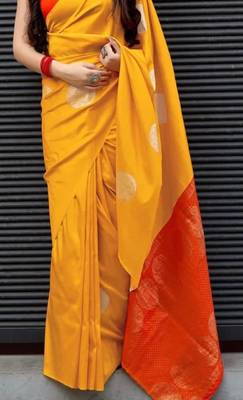 Yellow red silk blend banarasi saree with unstitched blouse piece 4