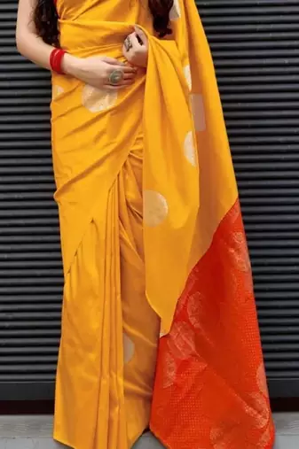Yellow red silk blend banarasi saree with unstitched blouse piece