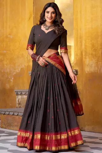 Fantastic Black Zari Weaving Chanderi Function Wear Half Saree Lehenga