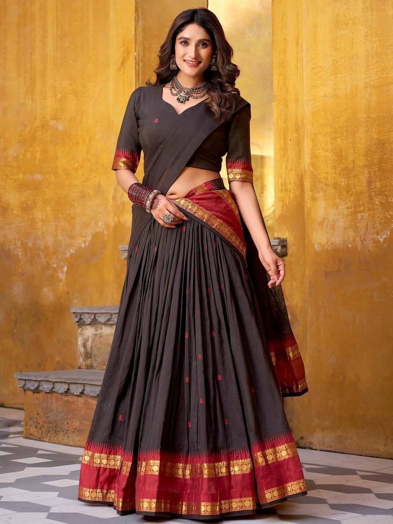 Fantastic Black Zari Weaving Chanderi Function Wear Half Saree Lehenga