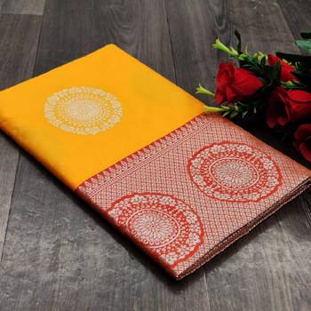 Yellow red silk blend banarasi saree with unstitched blouse piece 5