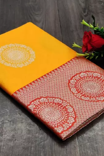 Yellow red silk blend banarasi saree with unstitched blouse piece