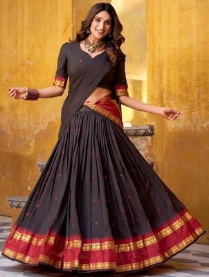 Fantastic Black Zari Weaving Chanderi Function Wear Half Saree Lehenga 3