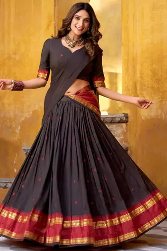 Fantastic Black Zari Weaving Chanderi Function Wear Half Saree Lehenga