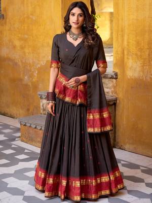 Fantastic Black Zari Weaving Chanderi Function Wear Half Saree Lehenga 4