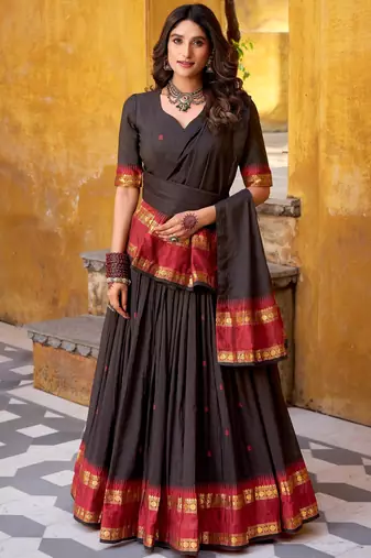 Fantastic Black Zari Weaving Chanderi Function Wear Half Saree Lehenga