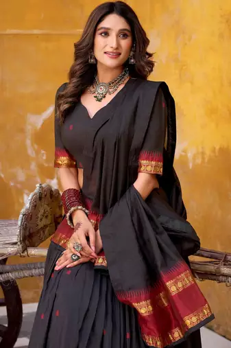 Fantastic Black Zari Weaving Chanderi Function Wear Half Saree Lehenga