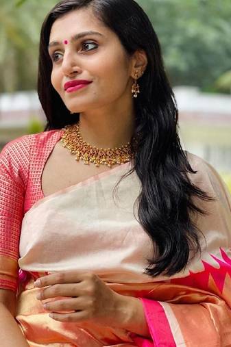 Off white pink soft silk blend banarasi jacuard work designer party wear saree with unstitched blouse piece