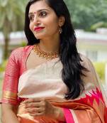 Off white pink silk blend banarasi saree with unstitched blouse piece