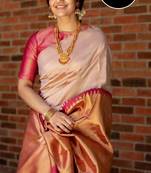 Off white pink silk blend banarasi saree with unstitched blouse piece