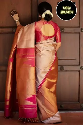 Off white pink silk blend banarasi saree with unstitched blouse piece