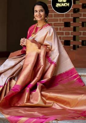 Off white pink silk blend banarasi saree with unstitched blouse piece 4