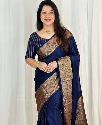 Blue silk blend banarasi saree with unstitched blouse piece 1