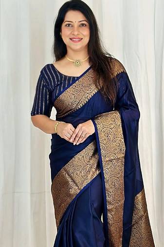 Blue soft silk blend banarasi jacuard work designer party wear saree with unstitched blouse piece