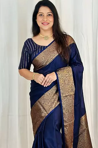 Blue soft silk blend banarasi jacuard work designer party wear saree with unstitched blouse piece