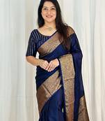 Blue silk blend banarasi saree with unstitched blouse piece