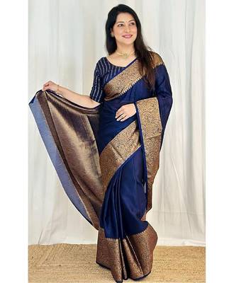 Blue silk blend banarasi saree with unstitched blouse piece 2