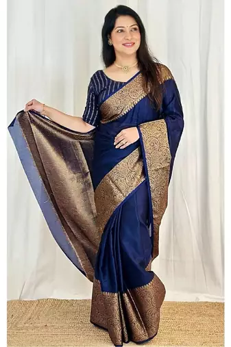 Blue silk blend banarasi saree with unstitched blouse piece