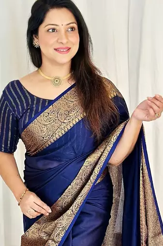 Blue silk blend banarasi saree with unstitched blouse piece