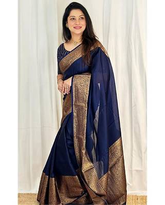 Blue silk blend banarasi saree with unstitched blouse piece 4