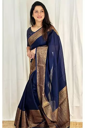 Blue silk blend banarasi saree with unstitched blouse piece
