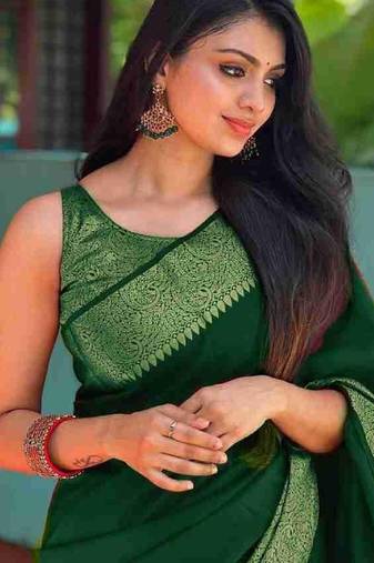 Green soft silk blend banarasi jacuard work designer party wear saree with unstitched blouse piece