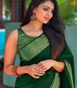 Green silk blend banarasi saree with unstitched blouse piece