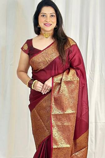 Maroon soft silk blend banarasi jacuard work designer party wear saree with unstitched blouse piece