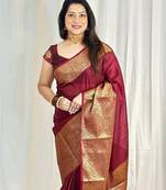 Maroon silk blend banarasi saree with unstitched blouse piece