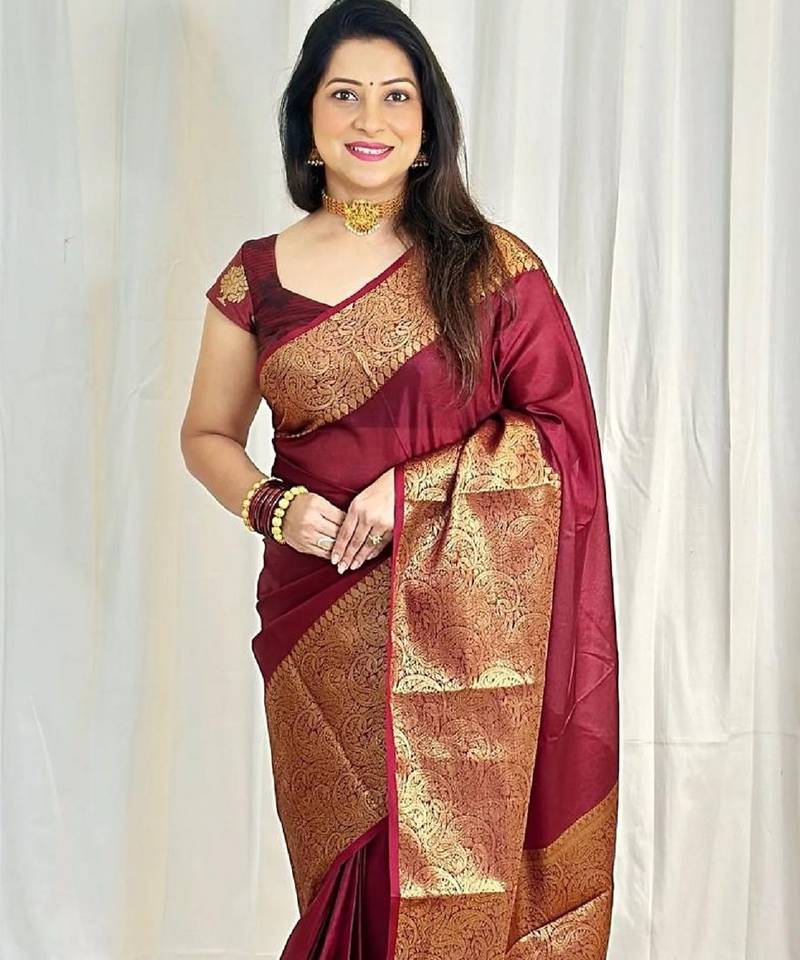 Maroon soft silk blend banarasi jacuard work designer party wear saree with unstitched blouse piece