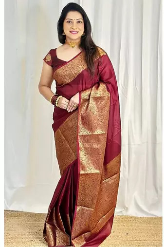 Maroon silk blend banarasi saree with unstitched blouse piece