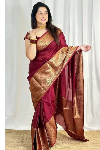 Maroon silk blend banarasi saree with unstitched blouse piece