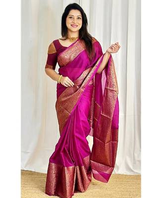 Pink silk blend banarasi saree with unstitched blouse piece 2