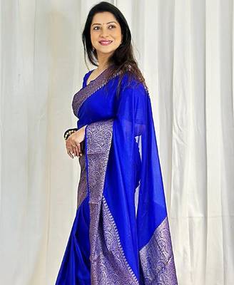 Royal blue silk blend banarasi saree with unstitched blouse piece 1
