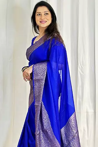 Royal blue soft silk blend banarasi jacuard work designer party wear saree with unstitched blouse piece