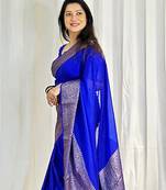 Royal blue silk blend banarasi saree with unstitched blouse piece