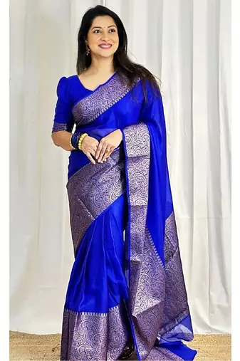Royal blue silk blend banarasi saree with unstitched blouse piece