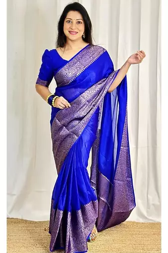 Royal blue silk blend banarasi saree with unstitched blouse piece