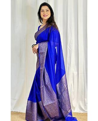 Royal blue silk blend banarasi saree with unstitched blouse piece 5