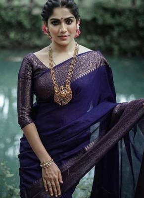 Blue silk blend banarasi saree with unstitched blouse piece 1