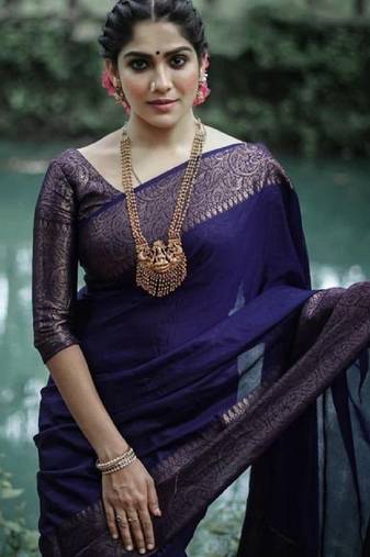 Blue soft silk blend banarasi jacuard work designer party wear saree with unstitched blouse piece