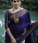 Blue silk blend banarasi saree with unstitched blouse piece
