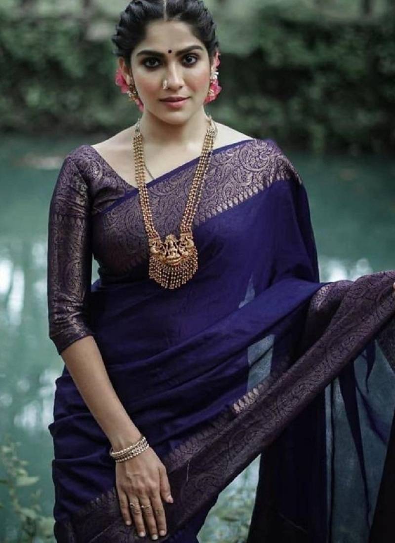 Blue soft silk blend banarasi jacuard work designer party wear saree with unstitched blouse piece