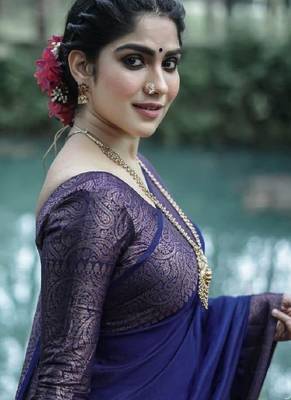 Blue silk blend banarasi saree with unstitched blouse piece 3