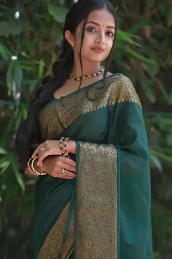 Green soft silk blend banarasi jacuard work designer party wear saree with unstitched blouse piece