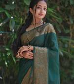 Green silk blend banarasi saree with unstitched blouse piece