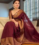 Maroon silk blend banarasi saree with unstitched blouse piece